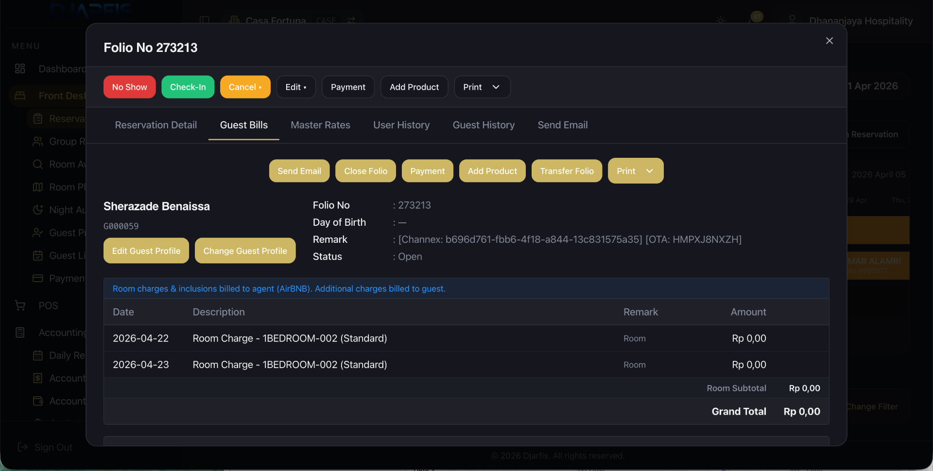 Djarfis folio and billing detail
