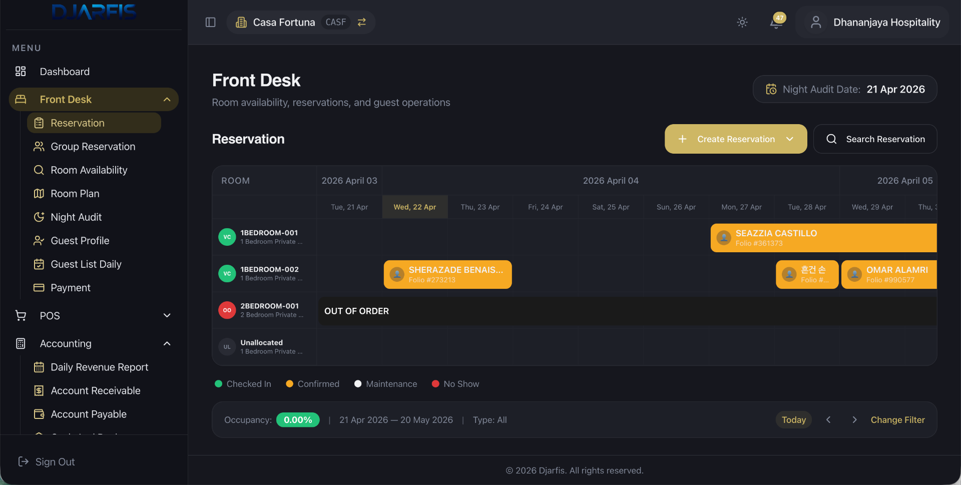 Djarfis Front Desk Gantt timeline