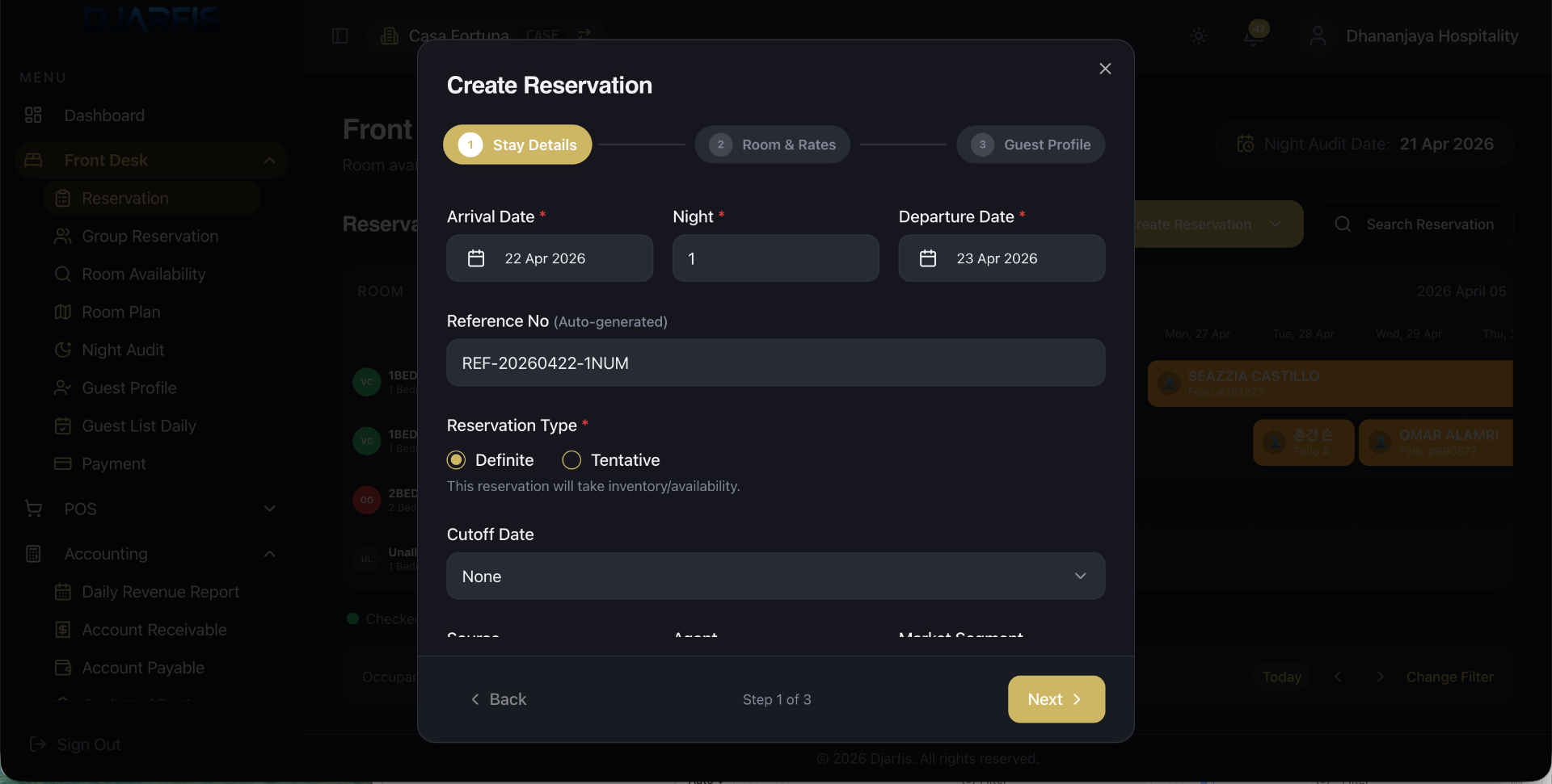 Djarfis create reservation wizard